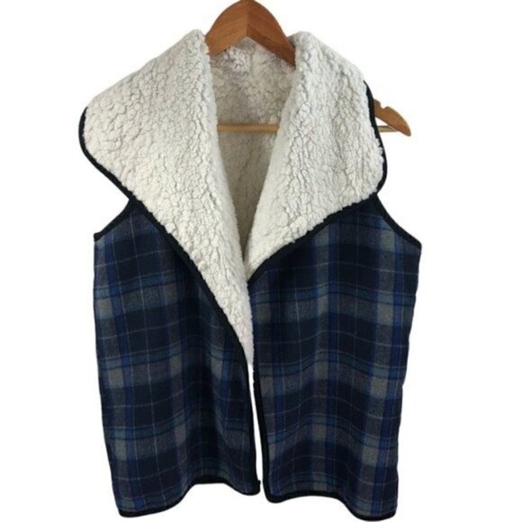 Nordstrom Buffalo Plaid Wool Blend Faux Fur Vest One Size Blue Gray Casual Cozy - Picture 3 of 8